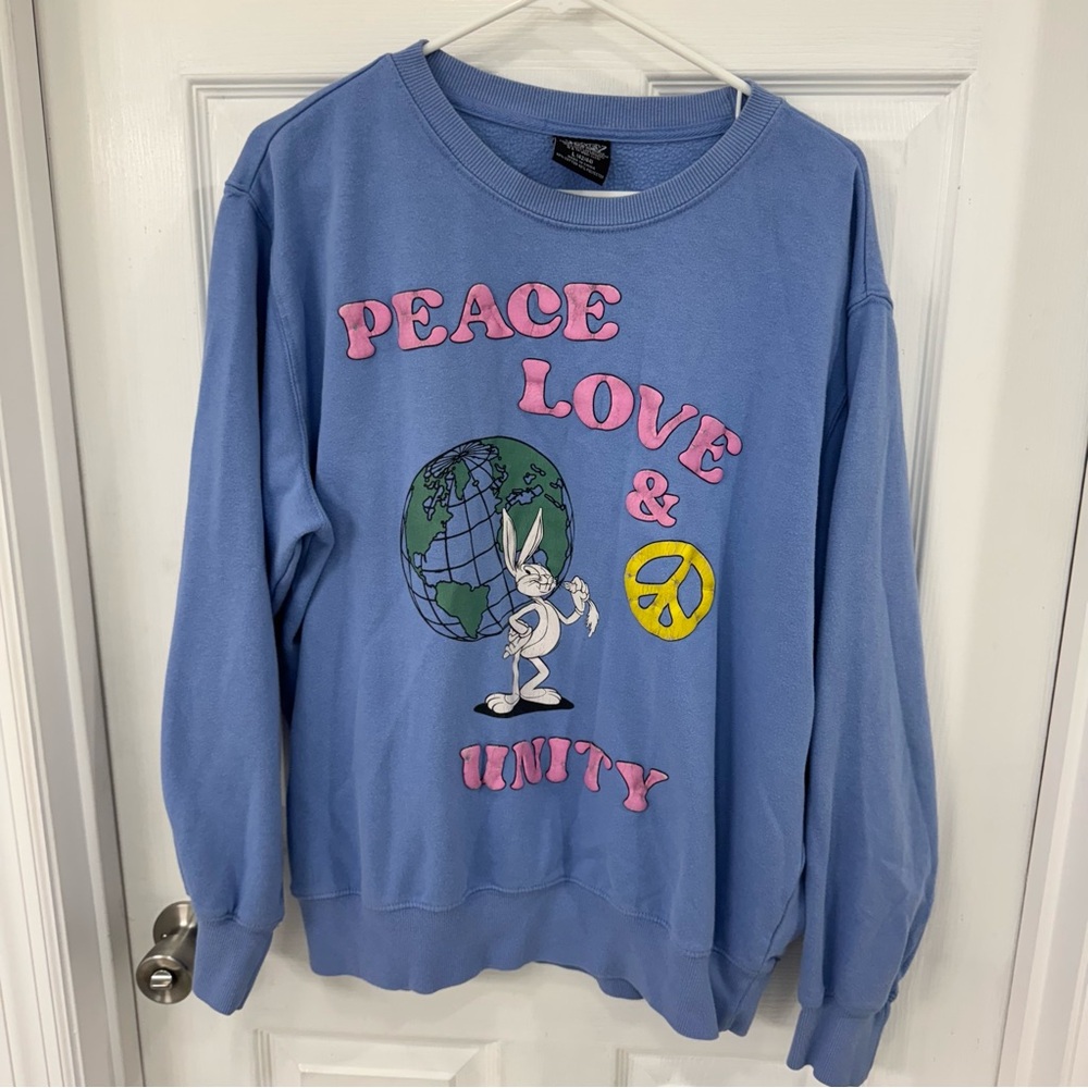 Warner Bros. Looney Tunes Blue Peace Love Unity Crewneck Sweatshirt Size Large